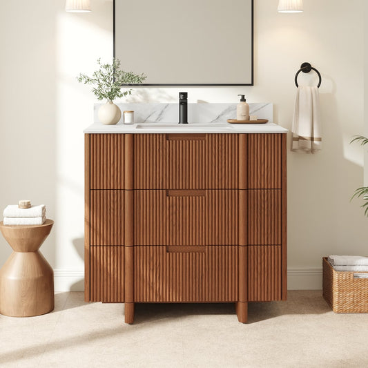 36" Fluted Single Bathroom Vanity with Sink and Sintered Stone Top