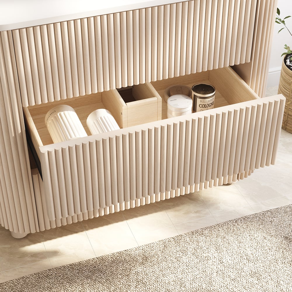 32" Fluted Freestanding Bathroom Vanity with Vessel Sink, 3-Drawers, Sintered Stone top
