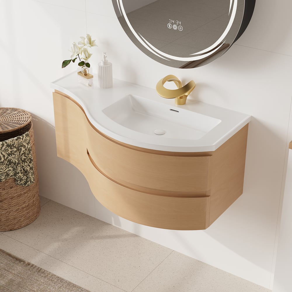 Floating Curved Bathroom Vanity & Round LED Medicine Cabinet Set Right Offset