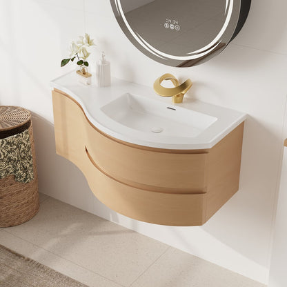 Floating Curved Bathroom Vanity & Round LED Medicine Cabinet Set Right Offset