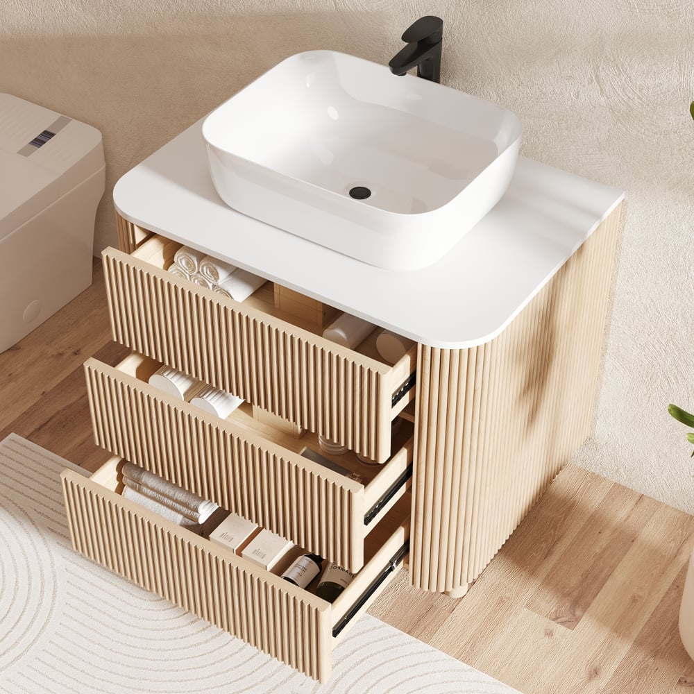 32" Fluted Freestanding Bathroom Vanity with Vessel Sink, 3-Drawers, Sintered Stone top
