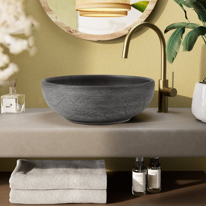 16" Grey Round Ceramic Bathroom Sink – Matte Glazed Vessel Sink