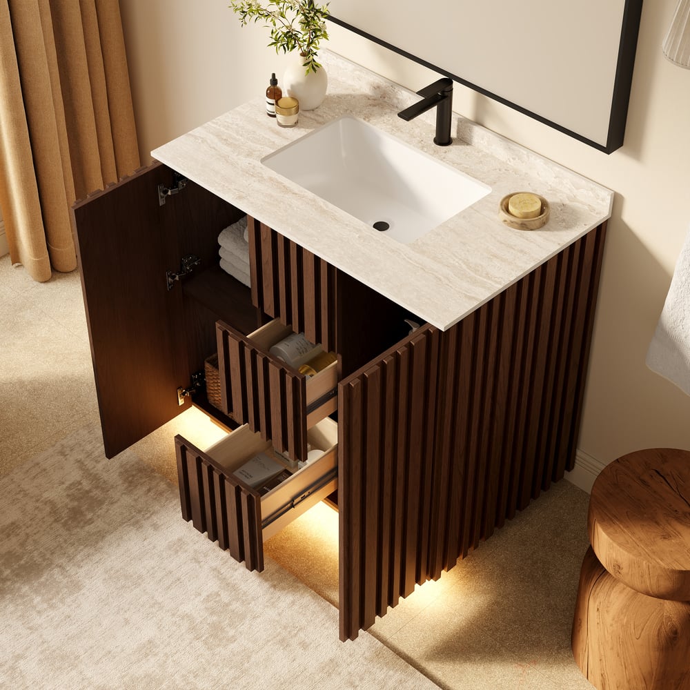 Aura 36"  Fluted Freestanding Bathroom Vanity with Sink and Light