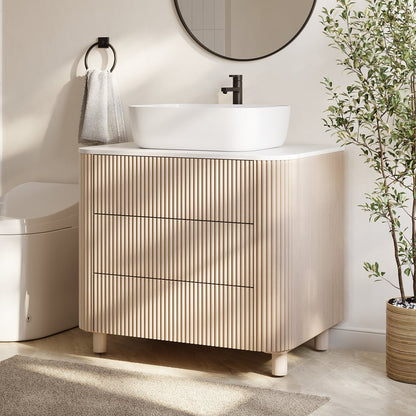 32" Fluted Freestanding Bathroom Vanity with Vessel Sink, 3-Drawers, Sintered Stone top