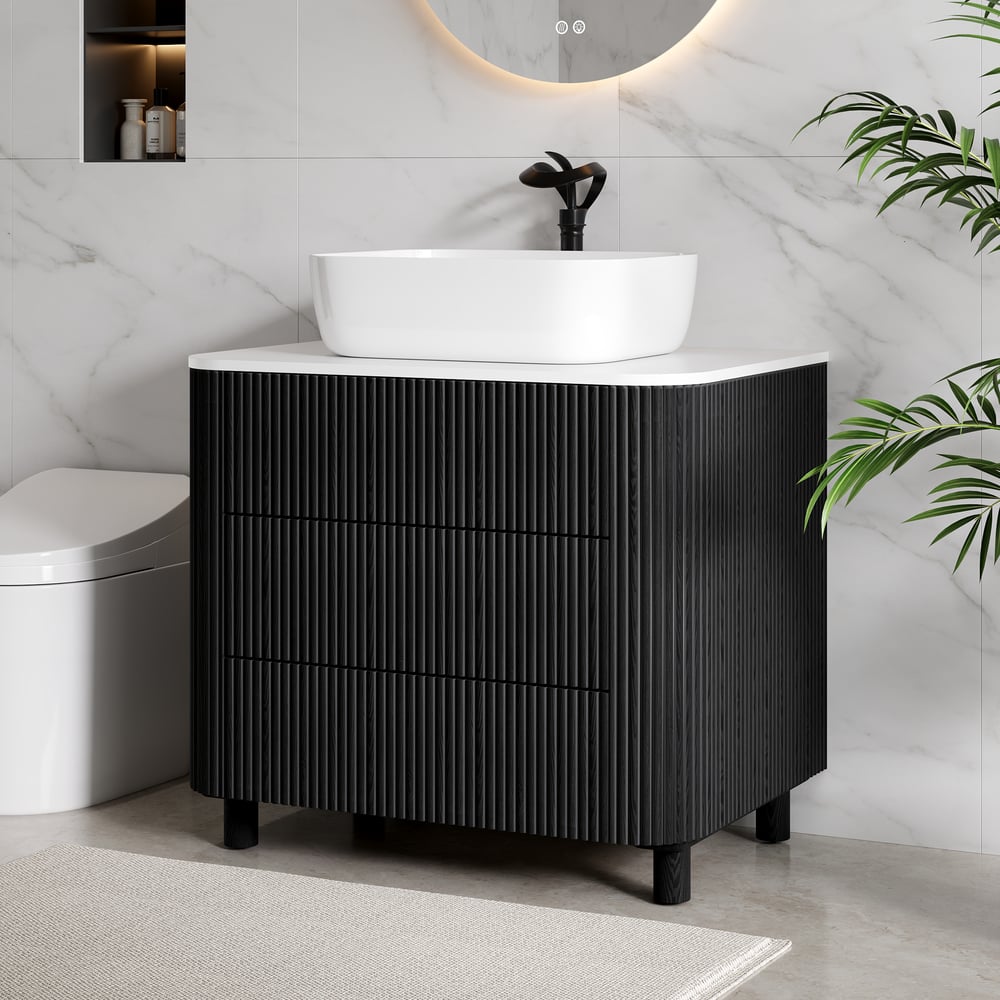 32" Fluted Freestanding Bathroom Vanity with Vessel Sink, 3-Drawers, Sintered Stone top