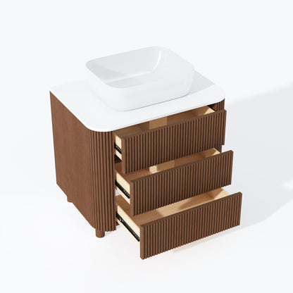 32" Fluted Freestanding Bathroom Vanity with Vessel Sink, 3-Drawers, Sintered Stone top