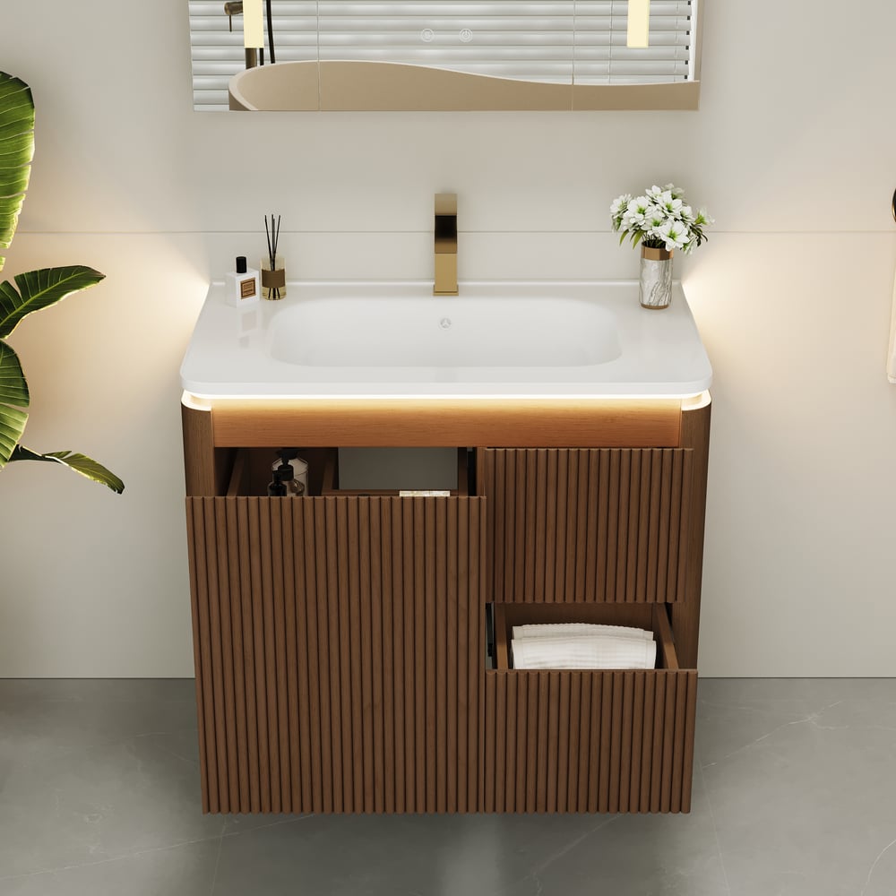 Modern  32" Floating Fluted Bathroom Vanity with Sink, Soft LED, Ample Storage