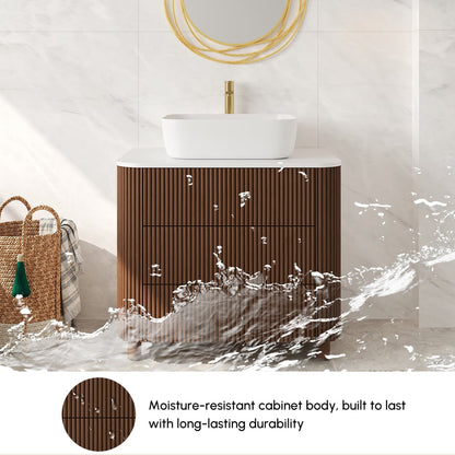 32" Fluted Freestanding Bathroom Vanity with Vessel Sink, 3-Drawers, Sintered Stone top