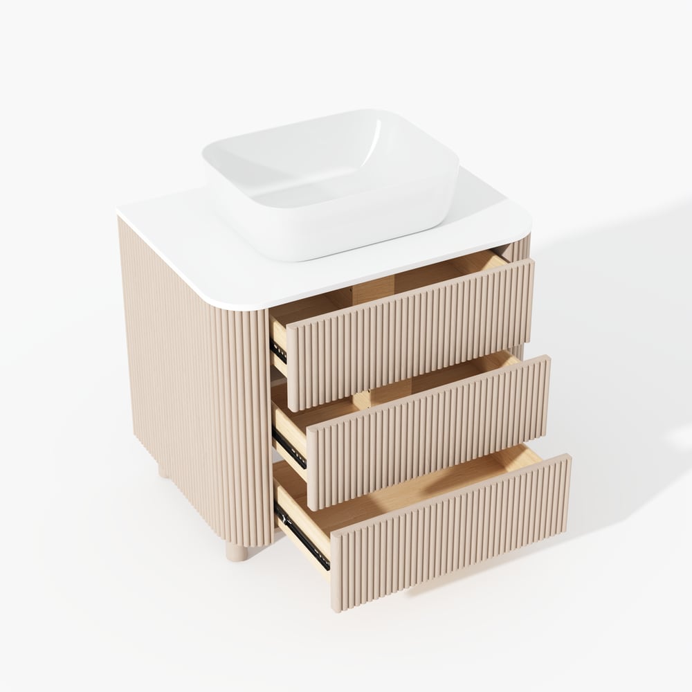 32" Fluted Freestanding Bathroom Vanity with Vessel Sink, 3-Drawers, Sintered Stone top