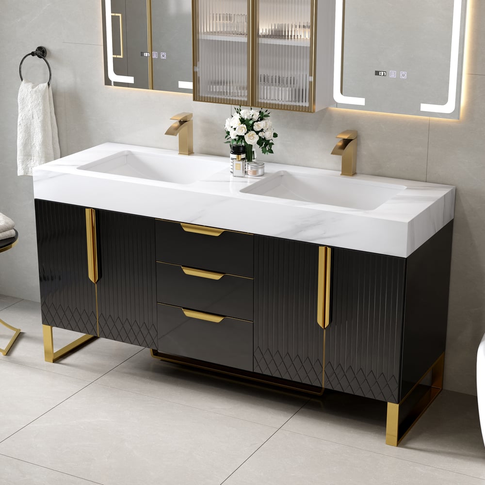 59" Double Sink Freestanding Vanity Set with LED Medicine Cabinet , Storage